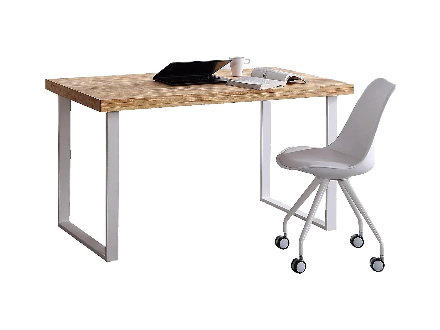 Bureau NATURAL - Couleur plateau chêne nordique de 54mm d'épais. Pieds en métal blanc. 120x60x73cm