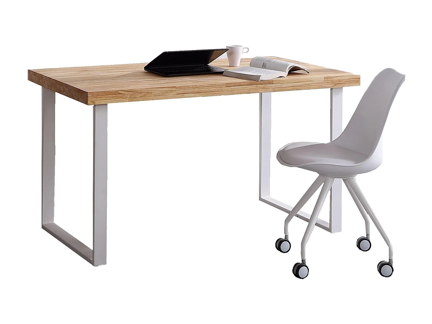 Bureau NATURAL - Couleur plateau chêne nordique de 54mm d'épais. Pieds en métal blanc. 120x60x73cm