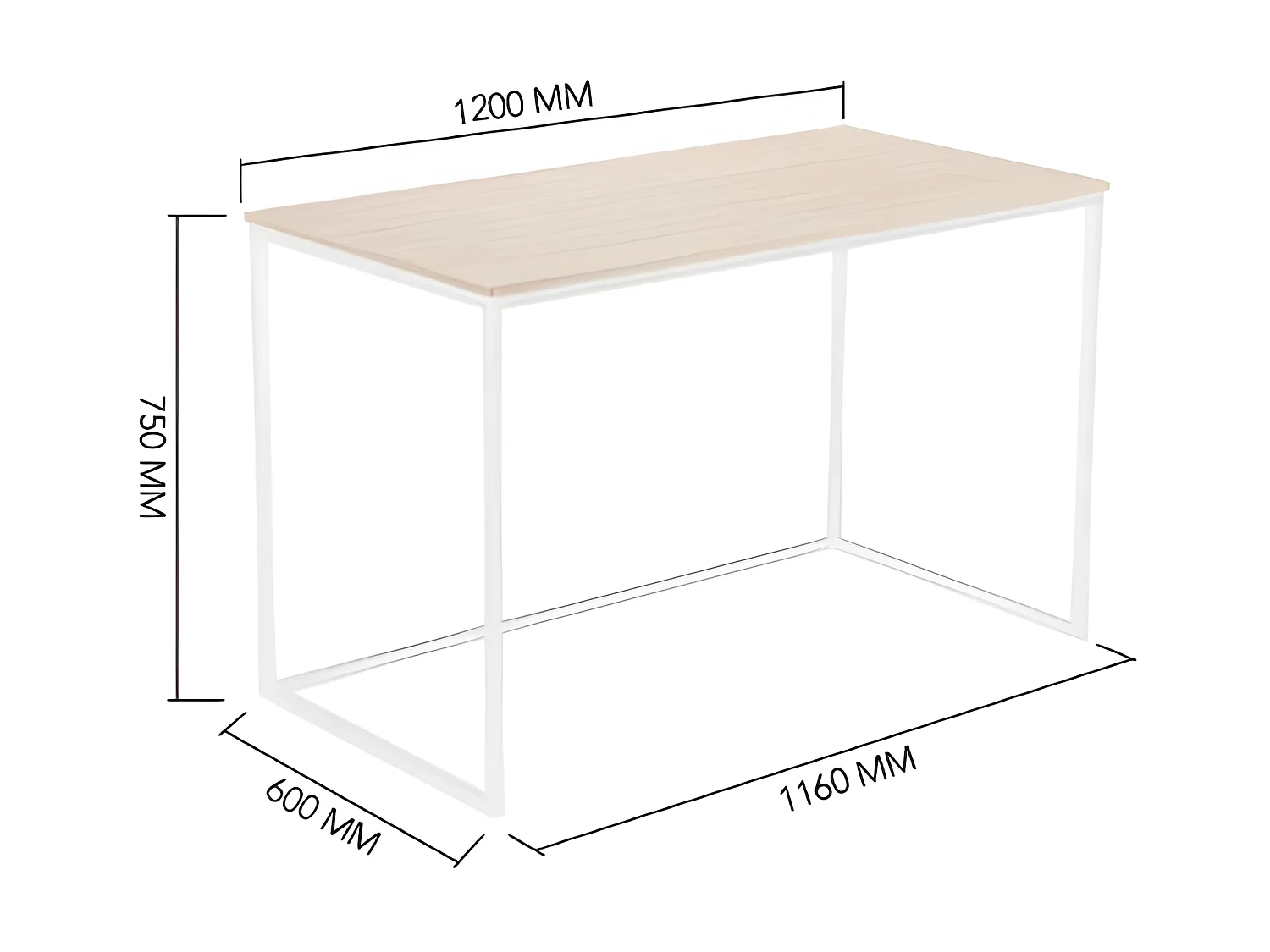 Bureau MIA. Plateau en bois couleur chêne nordique. Pieds en métal noir. 120x60x75cm
