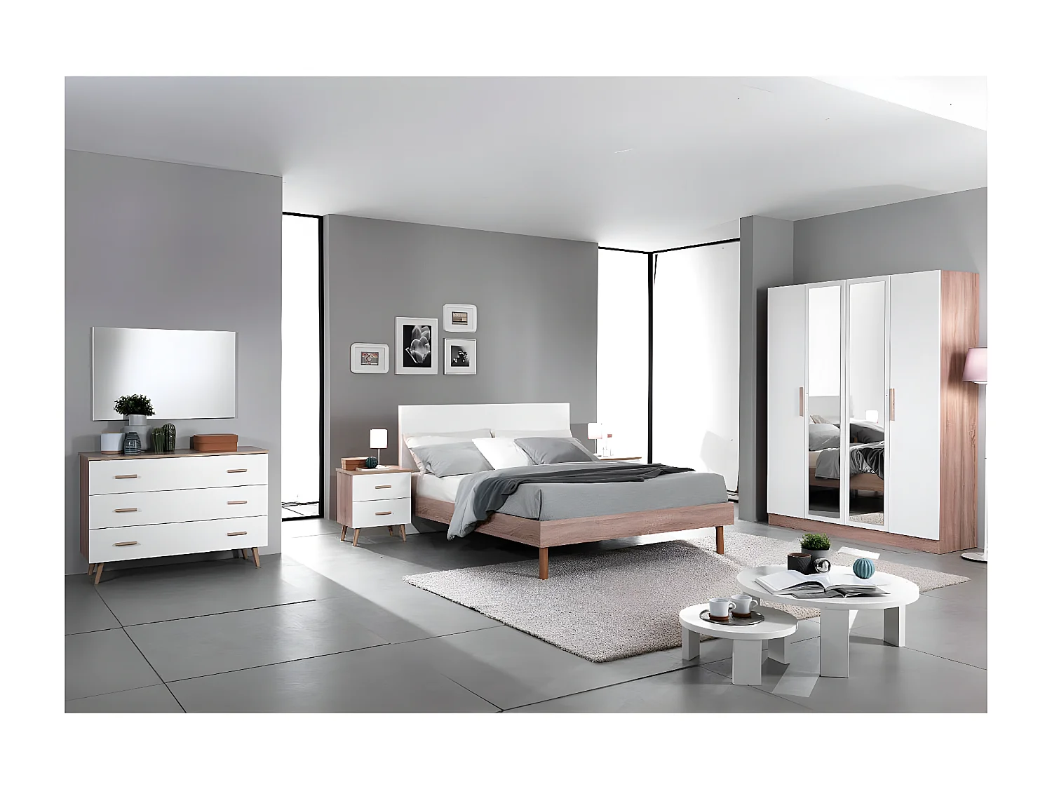 PREEM - Chevet 2 Tiroirs Aspect Naturel et Façades Blanches