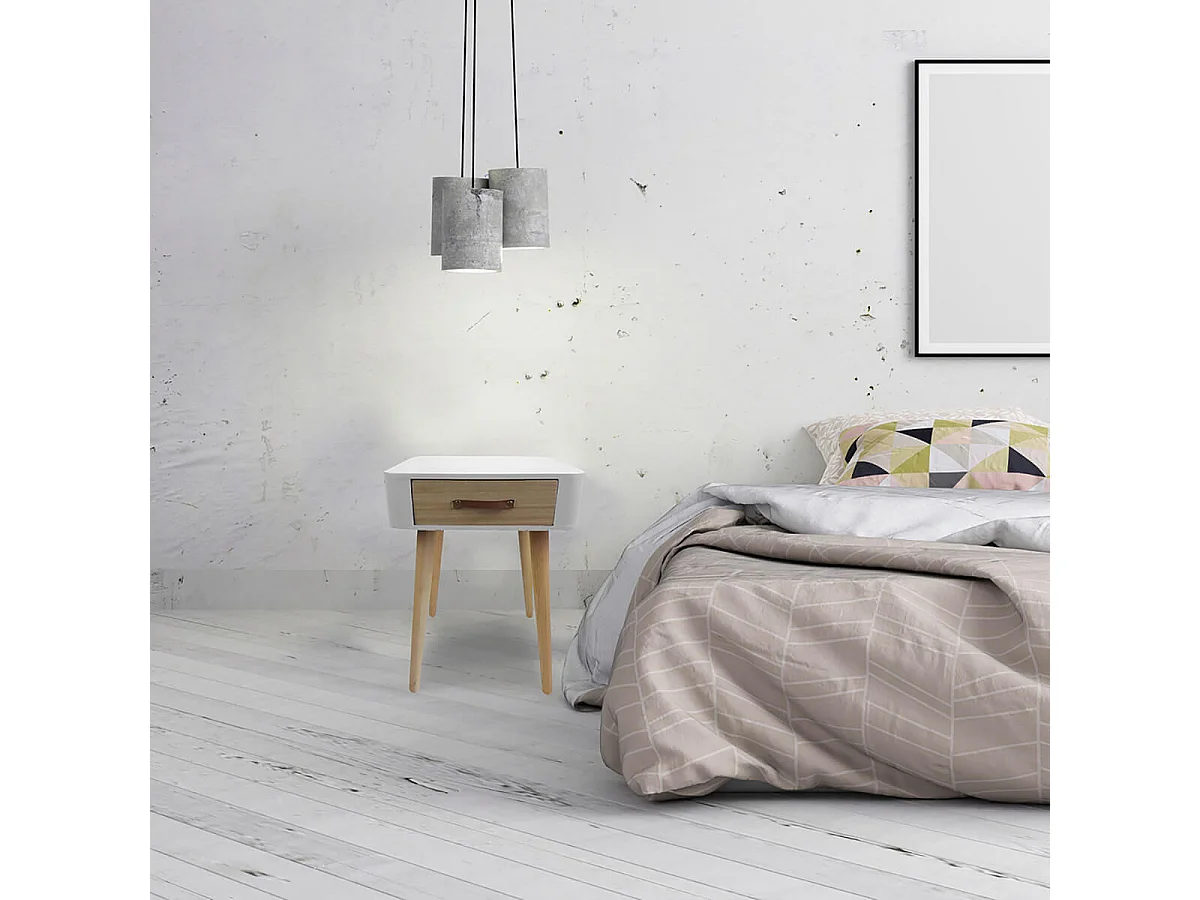 CAREL - Lot de 2 Chevets Carrés 1 Tiroir Blanc et Bois