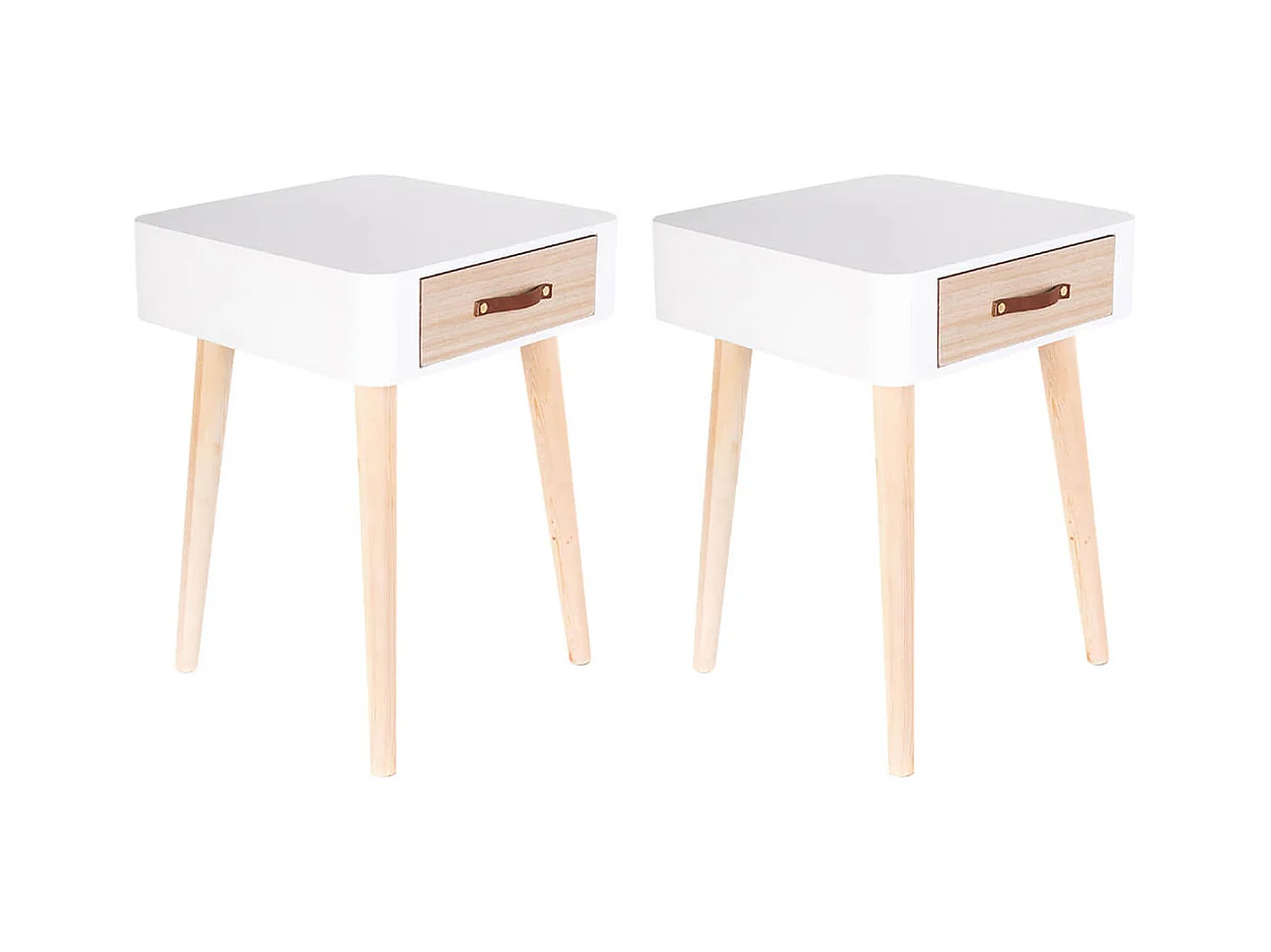 CAREL - Lot de 2 Chevets Carrés 1 Tiroir Blanc et Bois