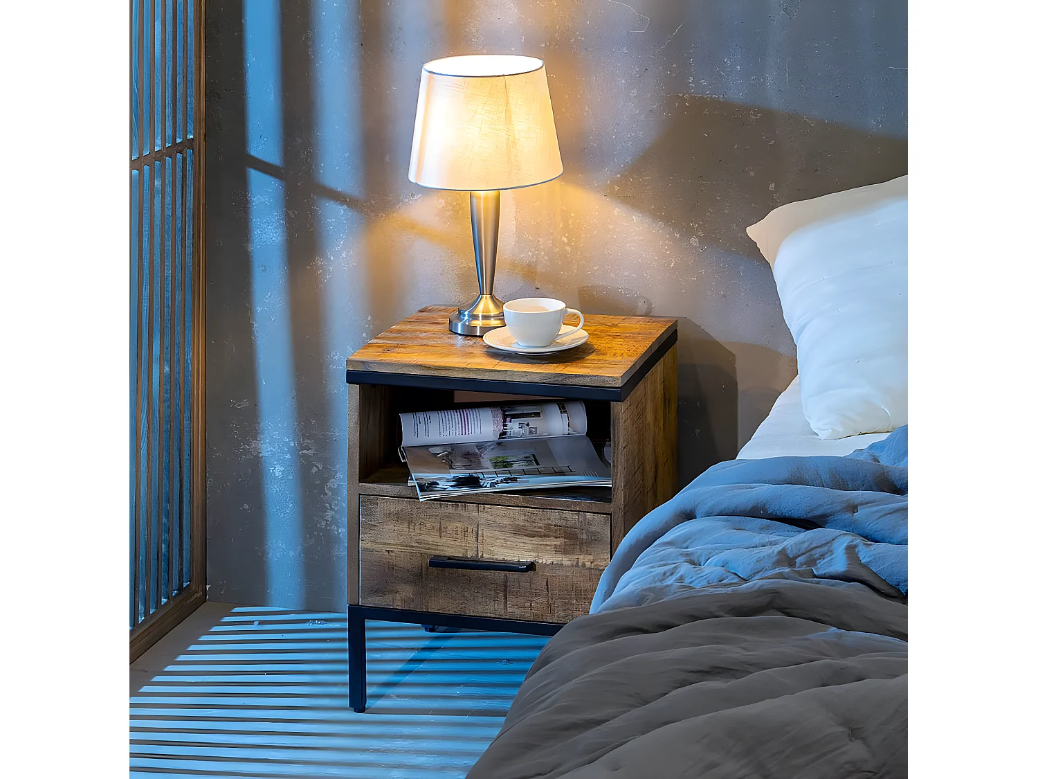 MANILLA - Chevet 1 Niche 1 Tiroir Métal et Manguier Massif