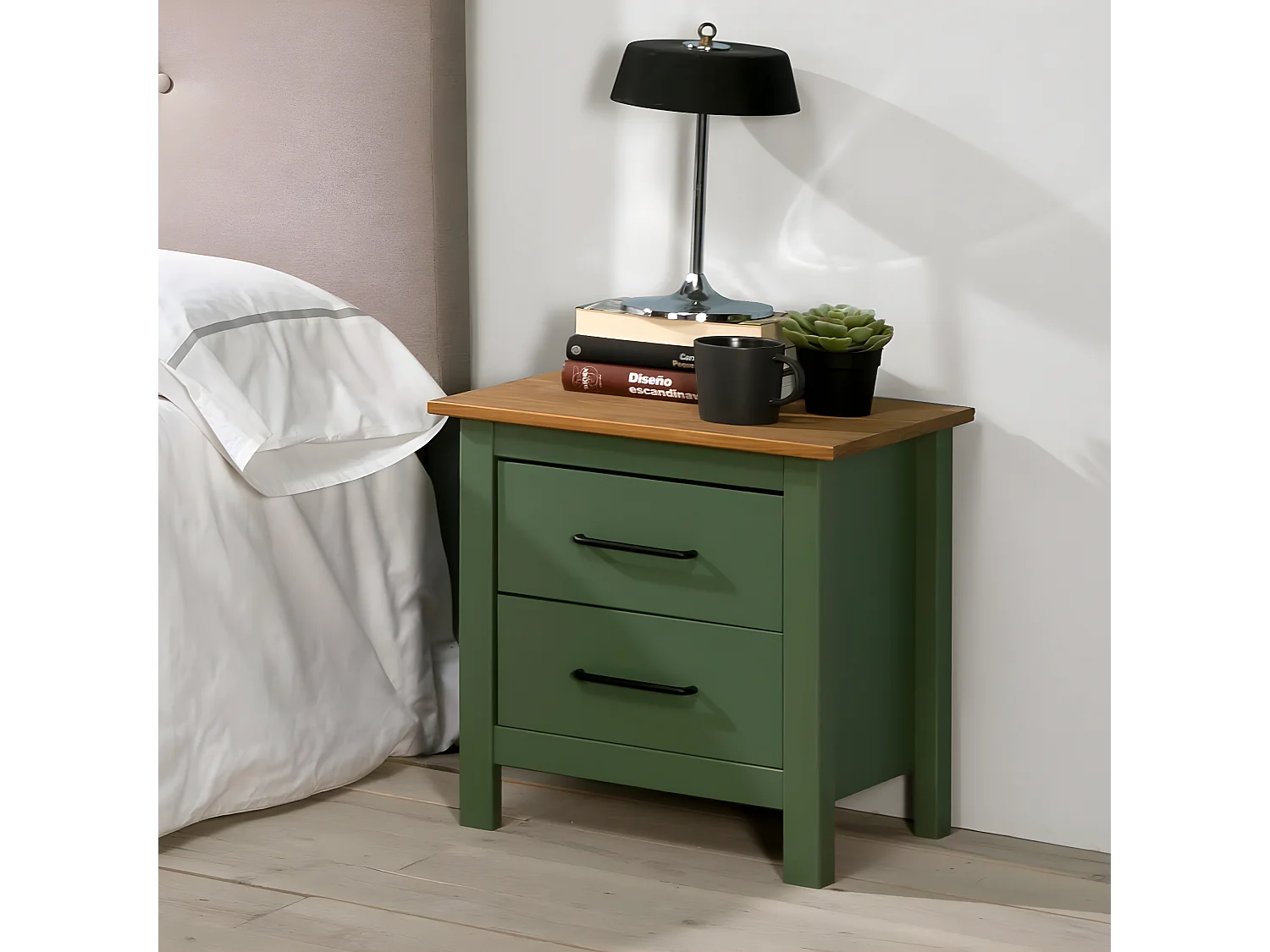 TINA - Chevet 2 Tiroirs Bois Ciré et Vert