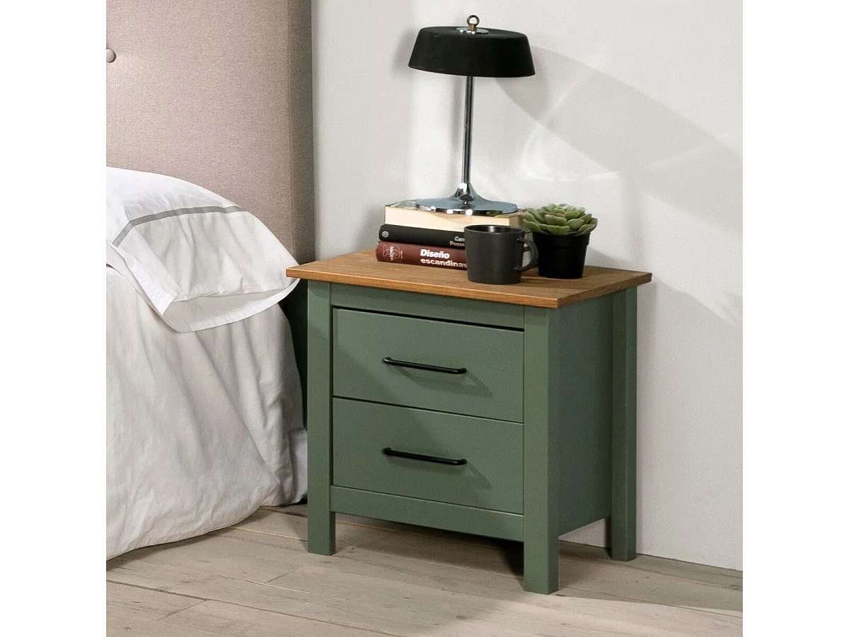 TINA - Chevet 2 Tiroirs Bois Ciré et Vert
