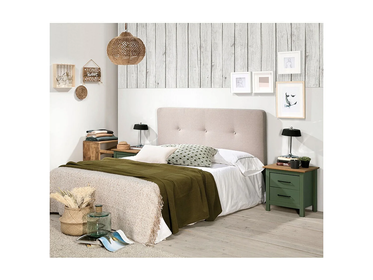 TINA - Chevet 2 Tiroirs Bois Ciré et Vert