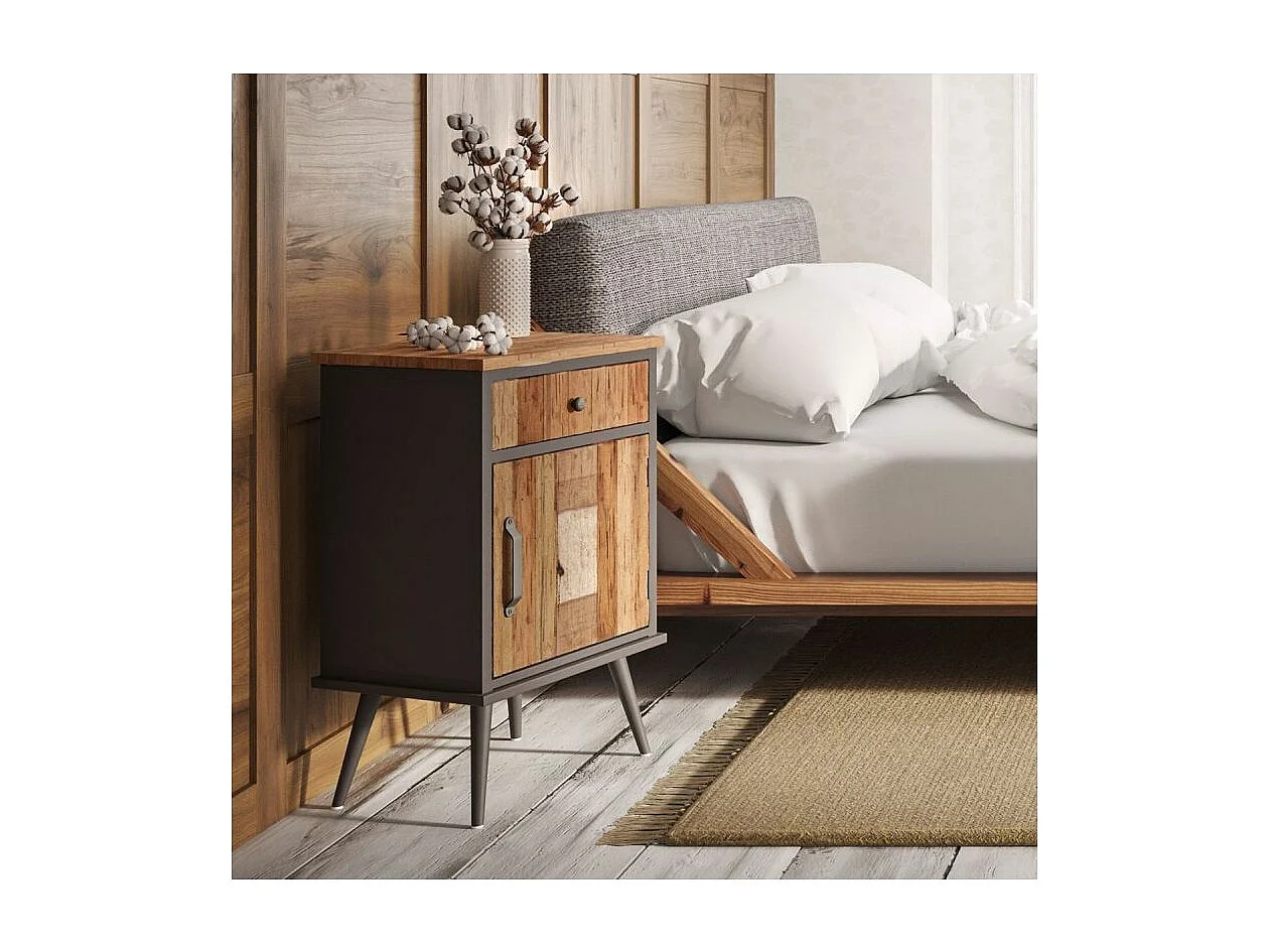LEONARD - Chevet 1 Porte 1 Tiroir Acier et Bois Massif
