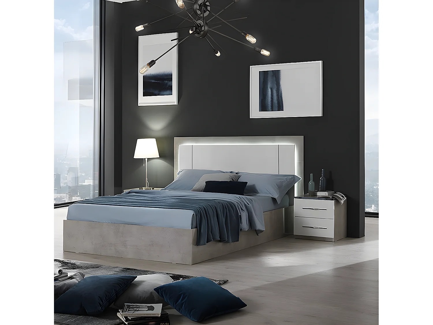 KIDOMANE - Chevet 2 Tiroirs Blanc et Effet Béton