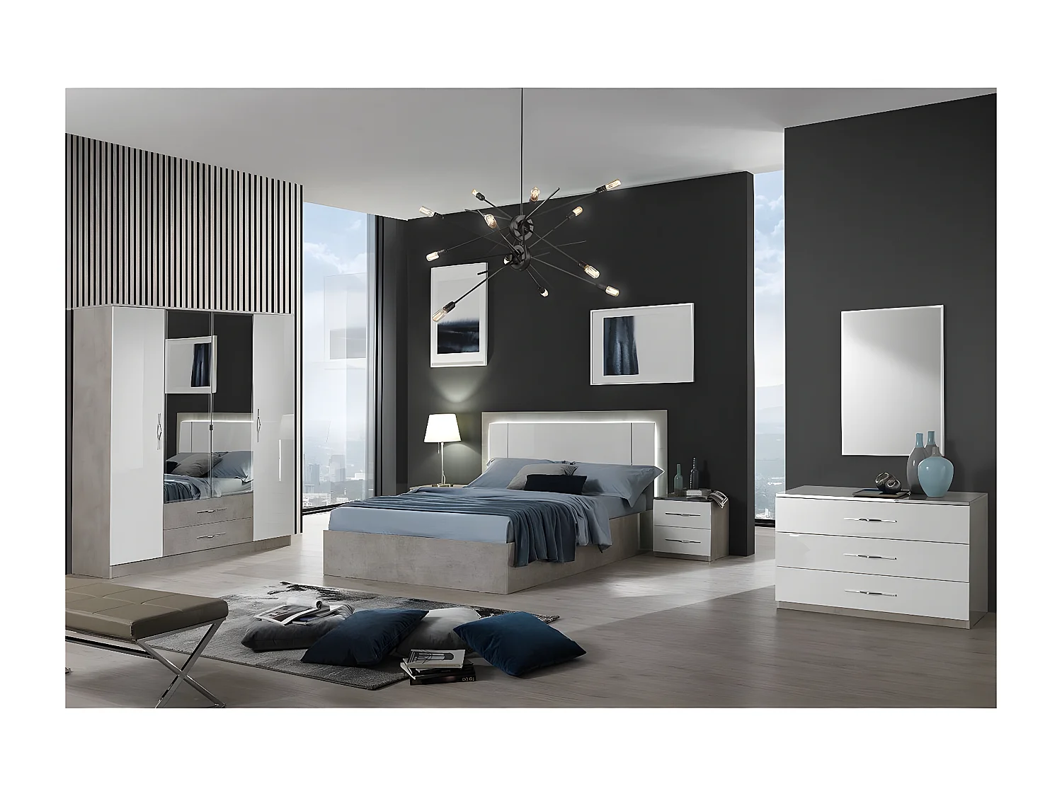 KIDOMANE - Chevet 2 Tiroirs Blanc et Effet Béton