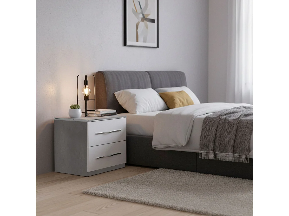 KIDOMANE - Chevet 2 Tiroirs Blanc et Effet Béton