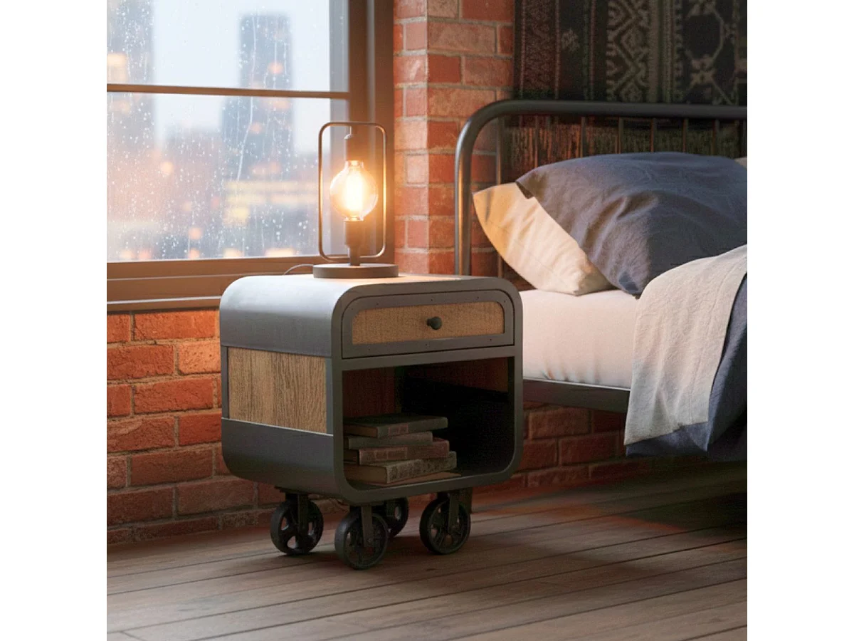 EDWIN - Chevet 1 Tiroir Acier et Bois Massif