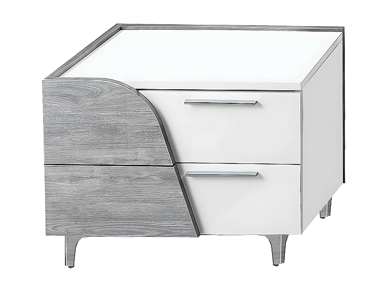 ABBY - Chevet Gauche 2 Tiroirs Blanc et Aspect Bois