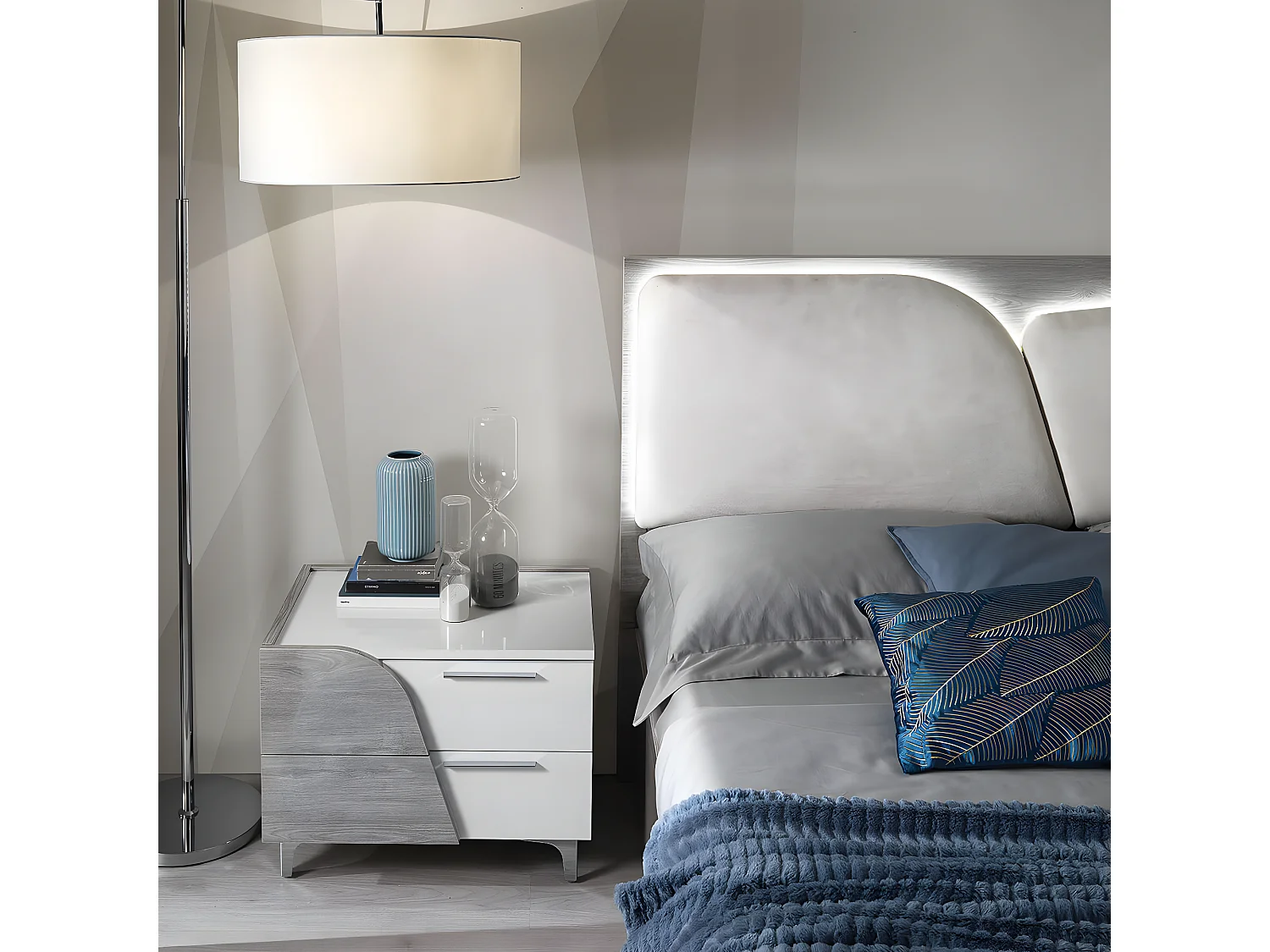 ABBY - Chevet Gauche 2 Tiroirs Blanc et Aspect Bois