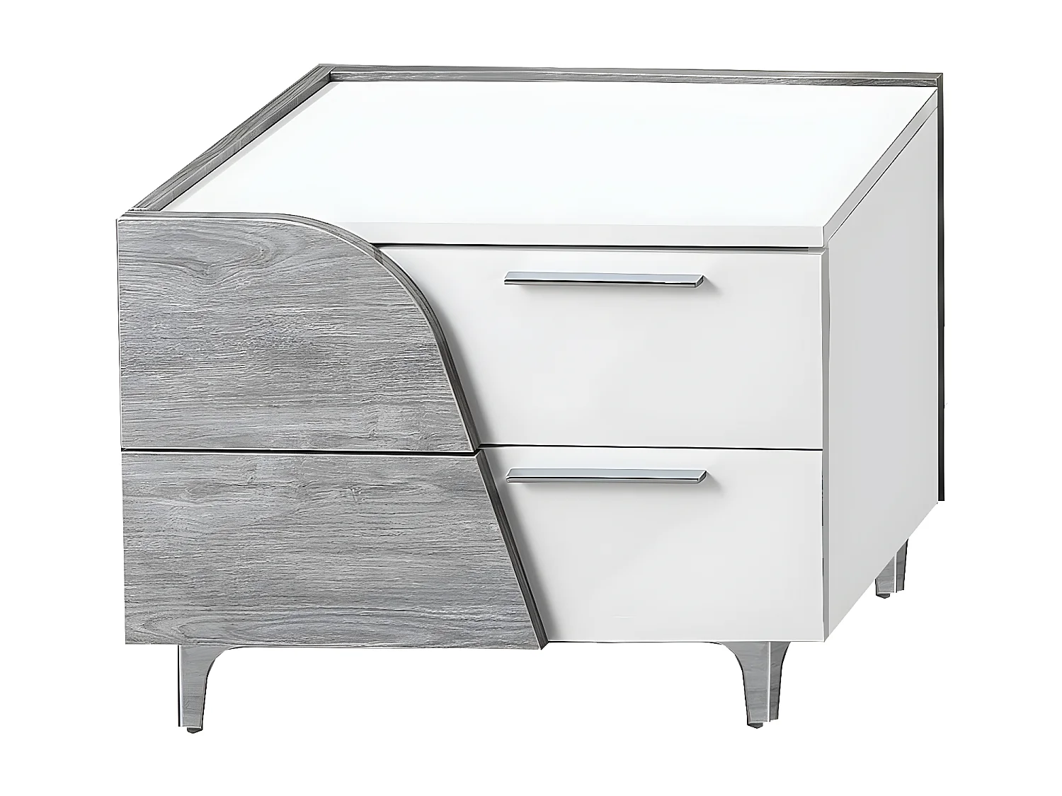 ABBY - Chevet Gauche 2 Tiroirs Blanc et Aspect Bois