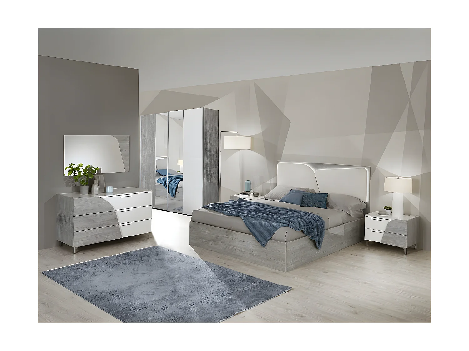 ABBY - Chevet Gauche 2 Tiroirs Blanc et Aspect Bois