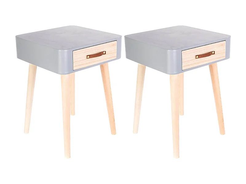CAREL - Lot de 2 Chevets Carrés 1 Tiroir Gris et Bois