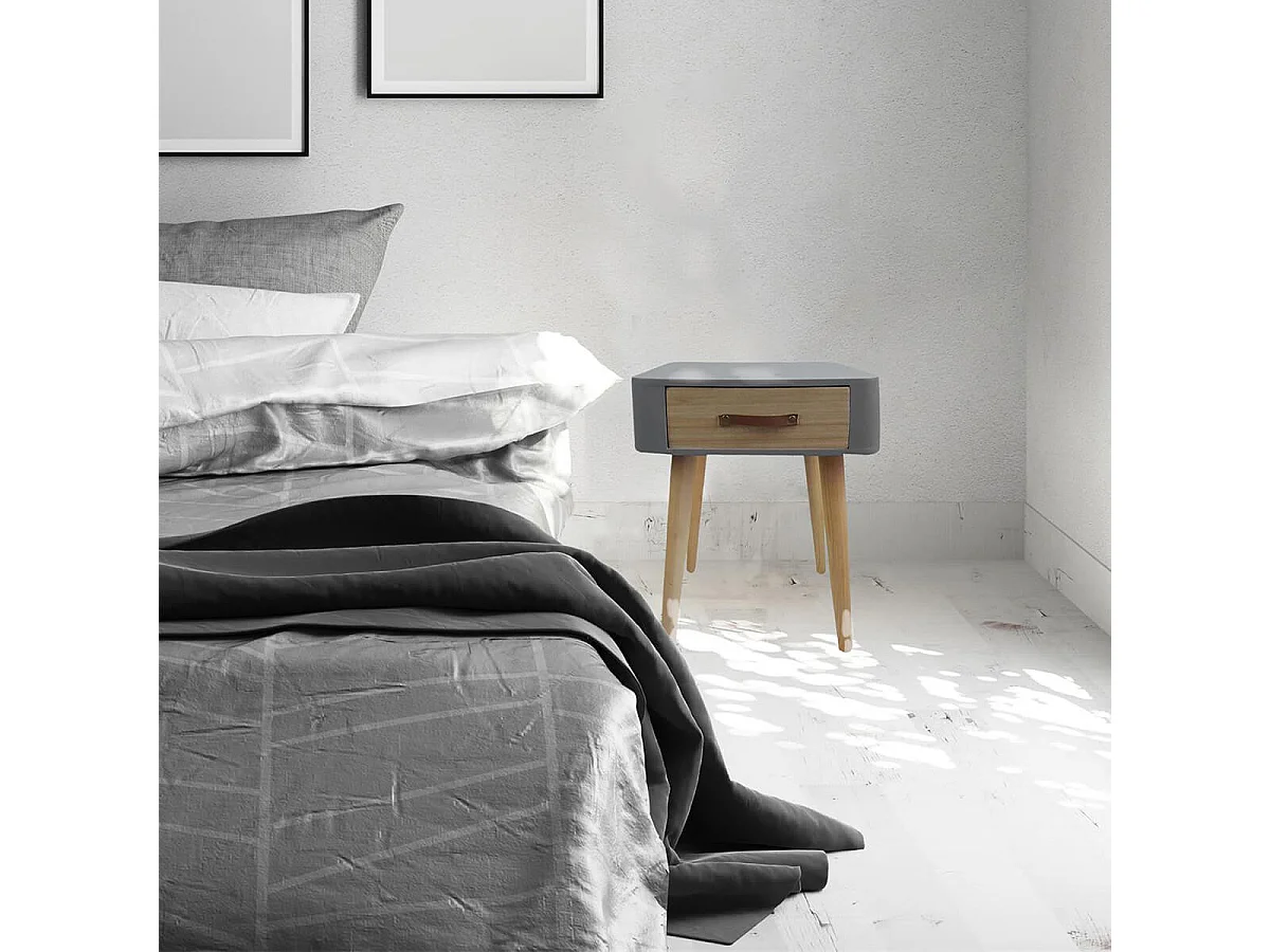 CAREL - Lot de 2 Chevets Carrés 1 Tiroir Gris et Bois