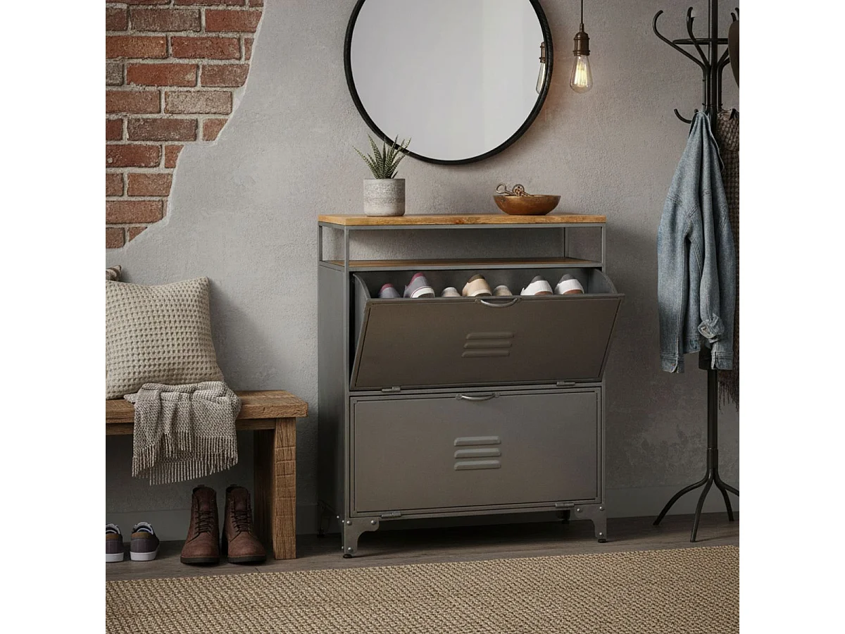 OMAYA - Meuble à Chaussures 2 Portes Acier Brut et Manguier
