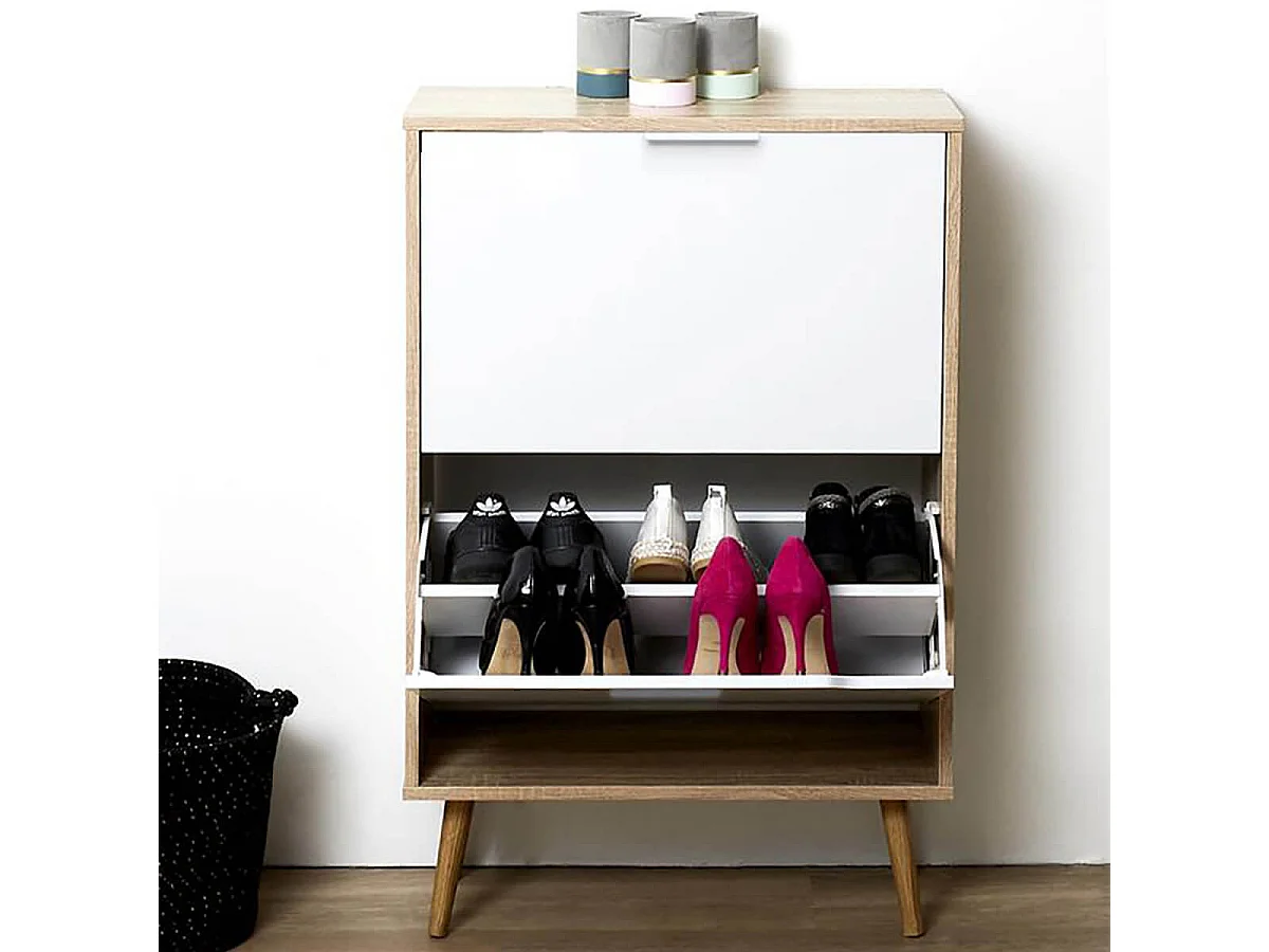 CODY - Meuble à Chaussures 2 Portes Blanc et Effet Bois