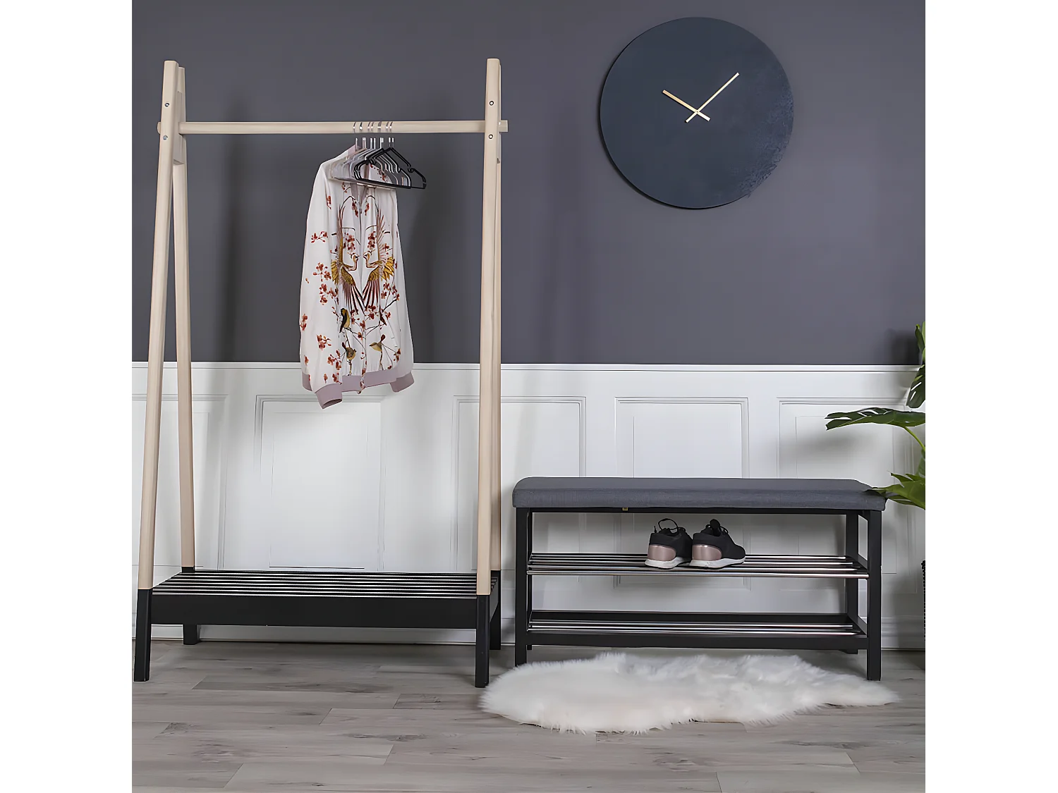 VENETIE - Banc à Chaussures Acier Noir et Tissu Bleu