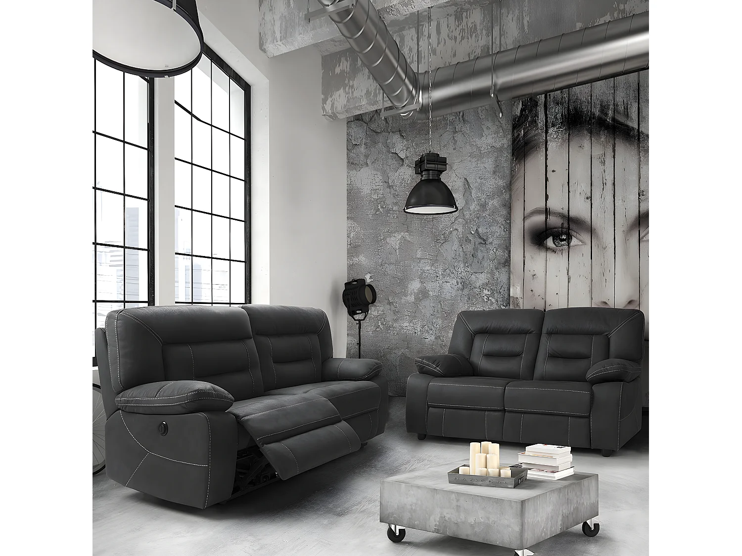 ALMERIA - Canapé Fixe 2 Places Gris Foncé