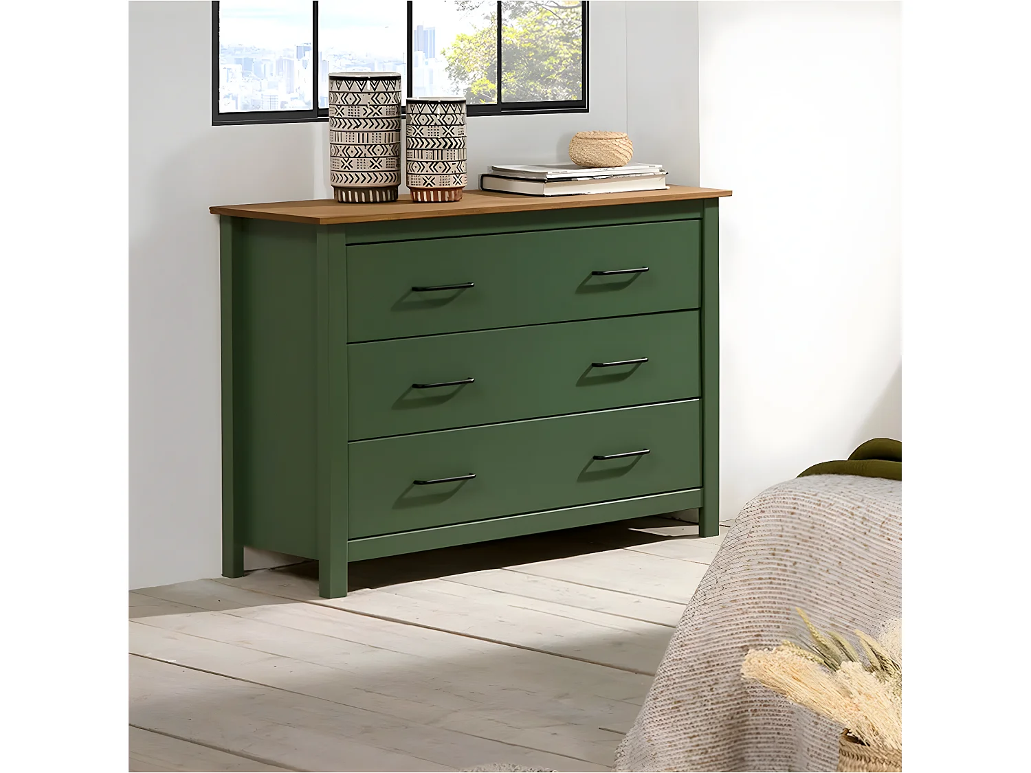 TINA - Commode 3 Tiroirs Bois Ciré coloris Vert