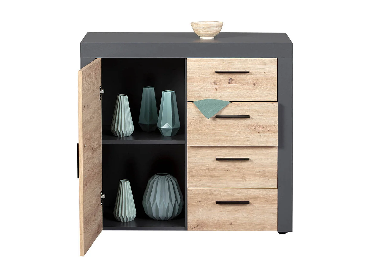 OCTOBER - Commode 1 Porte 4 Tiroirs Gris et Effet Bois