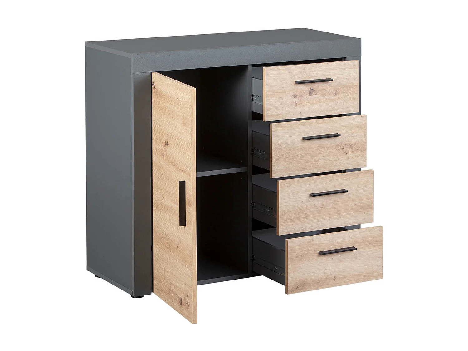 OCTOBER - Commode 1 Porte 4 Tiroirs Gris et Effet Bois