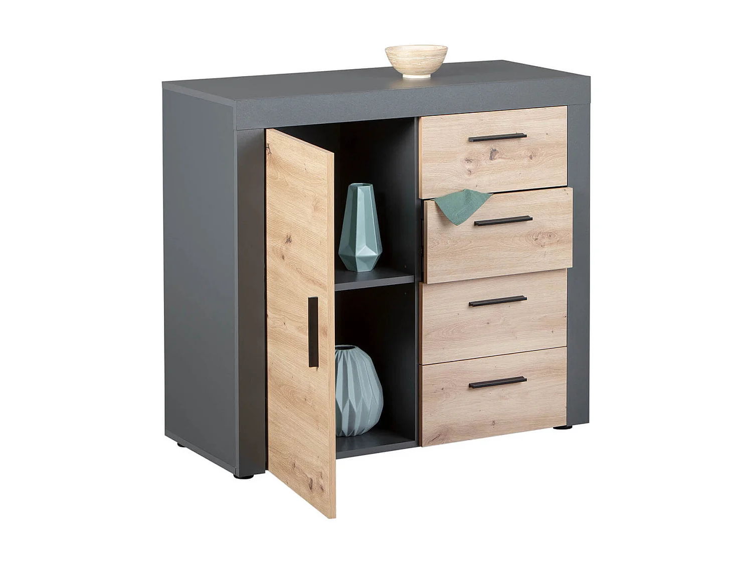 OCTOBER - Commode 1 Porte 4 Tiroirs Gris et Effet Bois