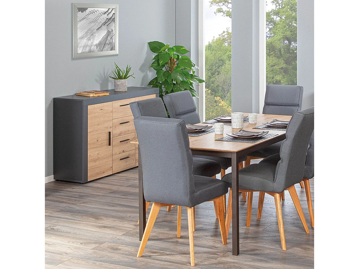 OCTOBER - Commode 2 Portes 4 Tiroirs Gris et Effet Bois