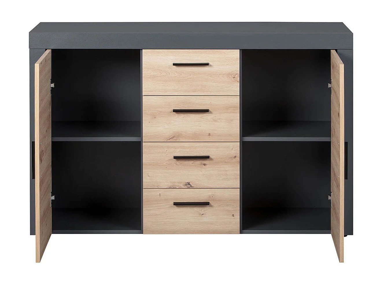 OCTOBER - Commode 2 Portes 4 Tiroirs Gris et Effet Bois