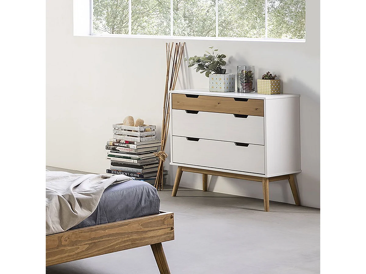 MUGAN - Commode 3 Tiroirs Blanc et Pin Naturel