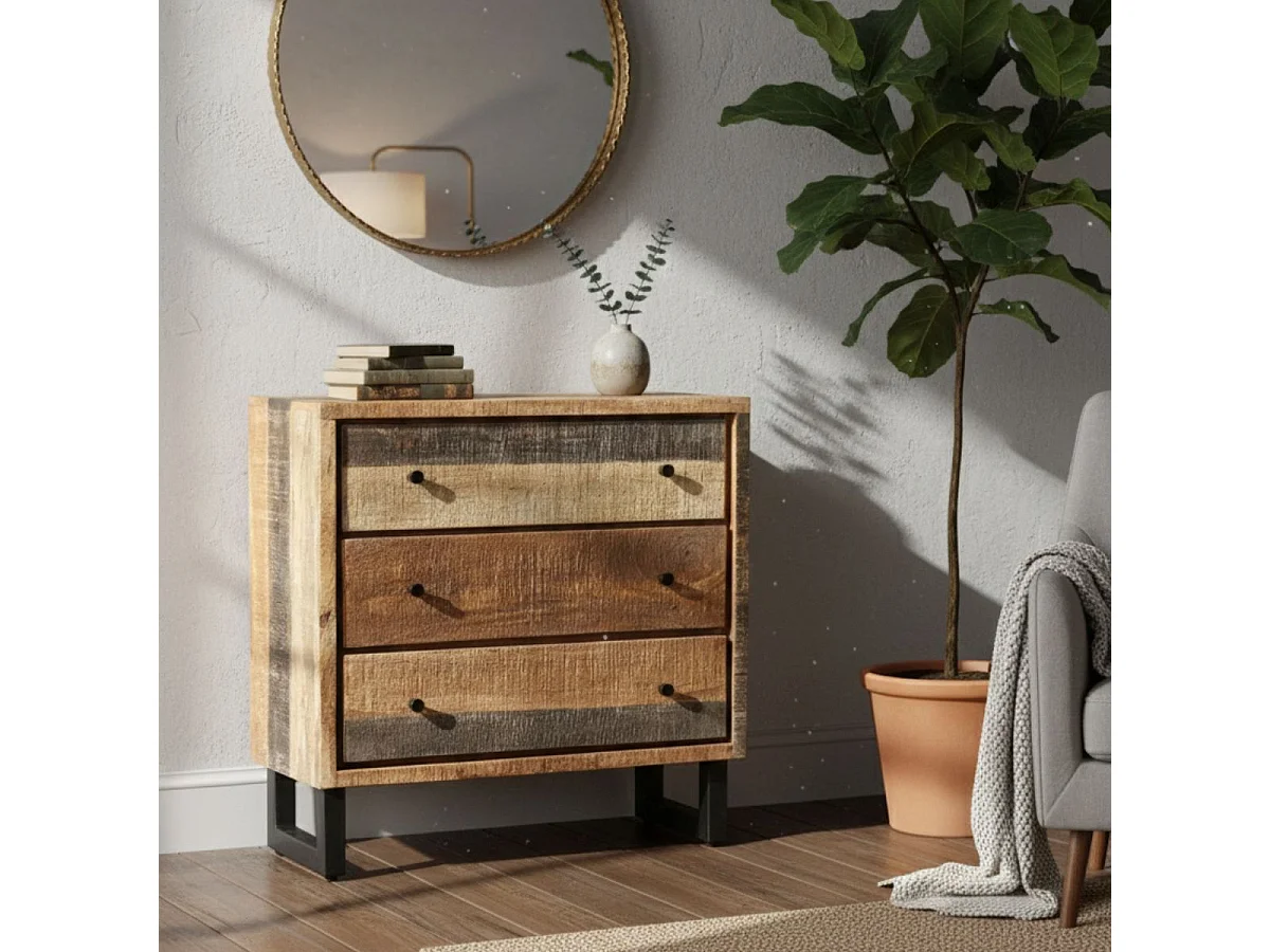 ODILON - Commode 3 Tiroirs Acier et Bois Massif