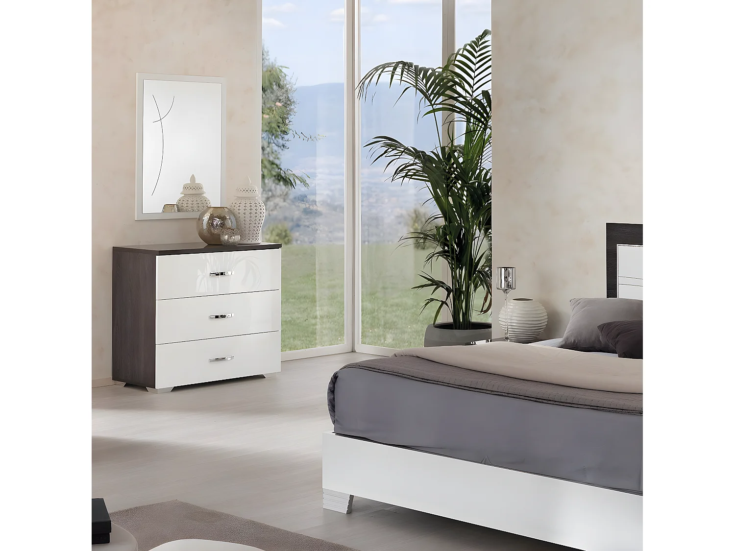 LUCIA - Commode 3 Tiroirs Laqué Blanc et Chêne Anthracite