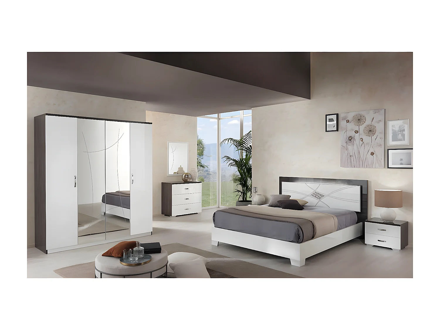 LUCIA - Commode 3 Tiroirs Laqué Blanc et Chêne Anthracite