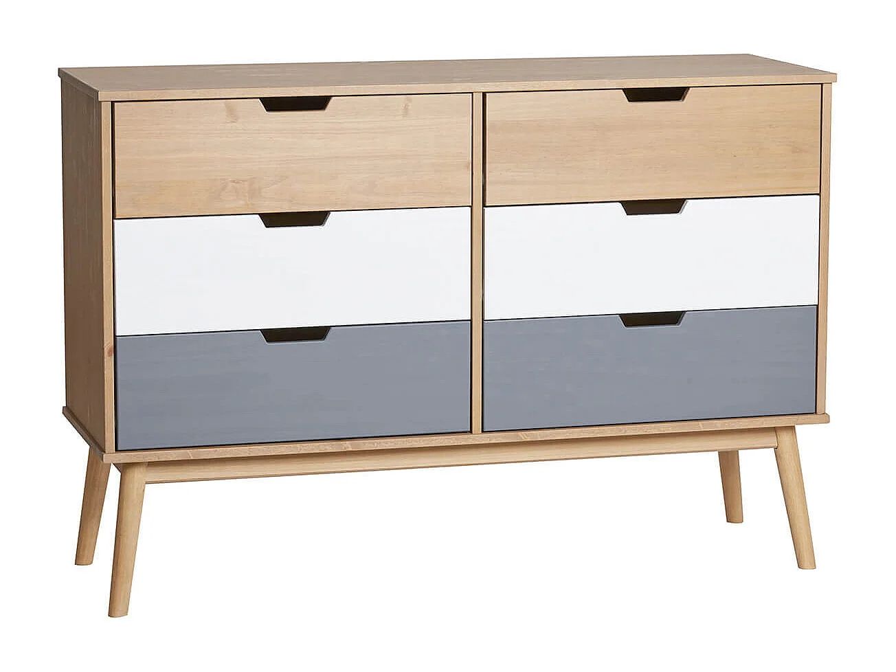 MARAS - Commode 6 Tiroirs Bois Massif, Blanc et Gris