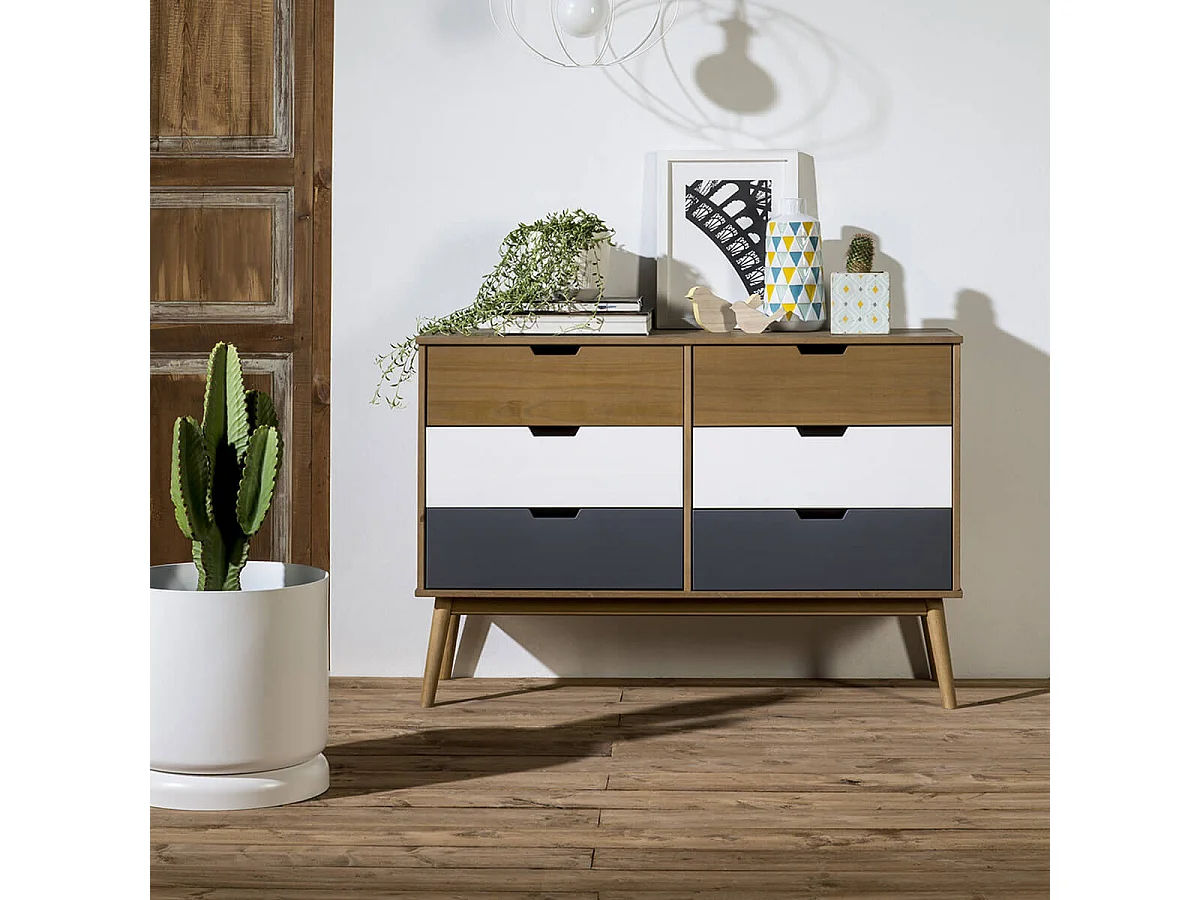 MARAS - Commode 6 Tiroirs Bois Massif, Blanc et Gris