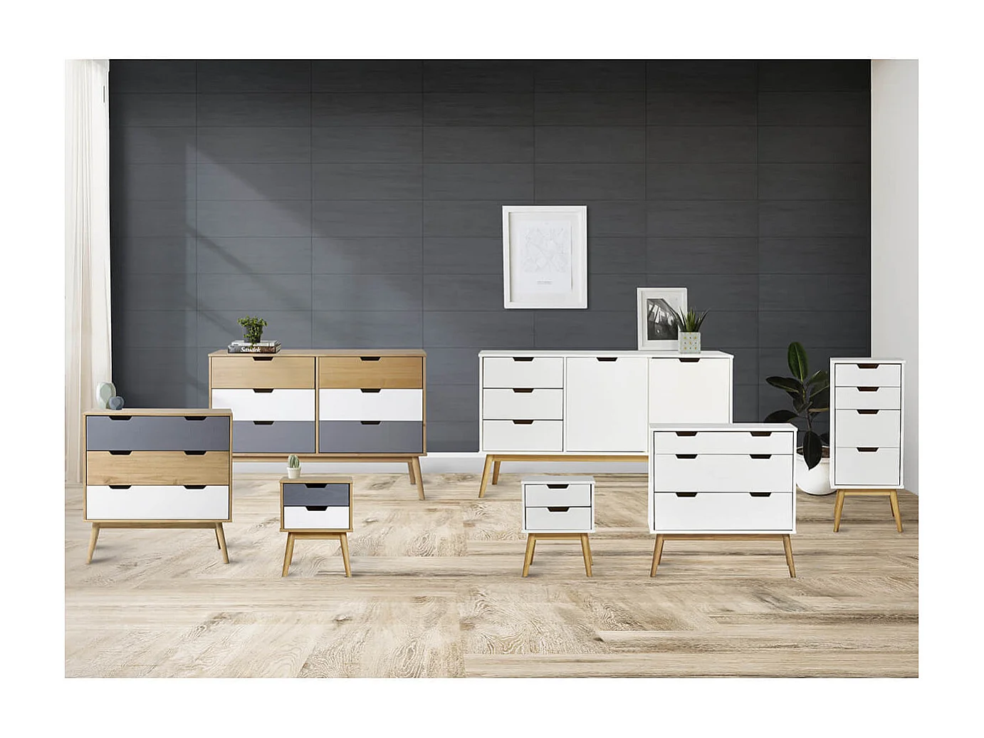 MARAS - Commode 6 Tiroirs Bois Massif, Blanc et Gris