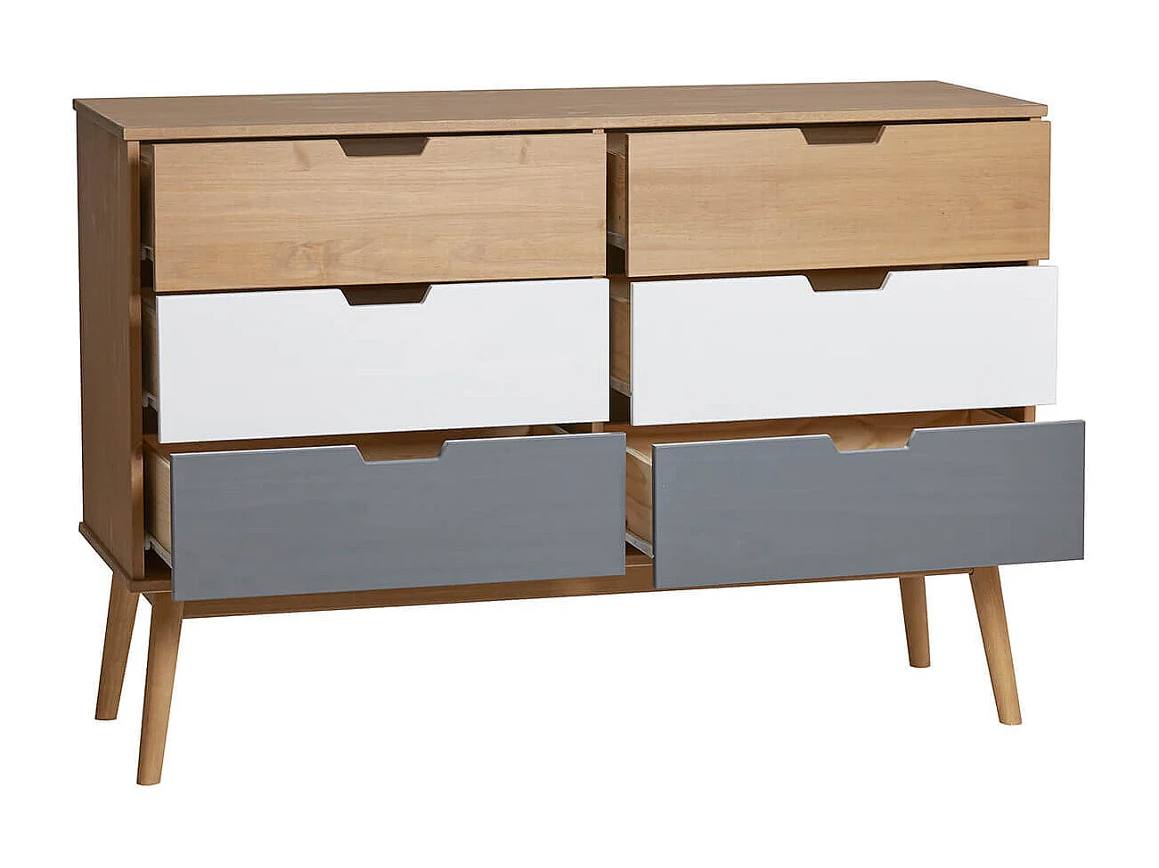 MARAS - Commode 6 Tiroirs Bois Massif, Blanc et Gris