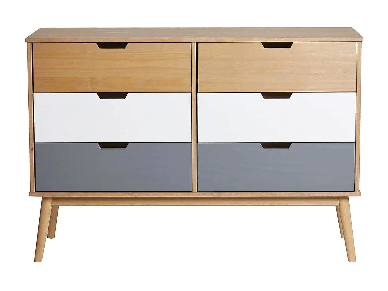 MARAS - Commode 6 Tiroirs Bois Massif, Blanc et Gris