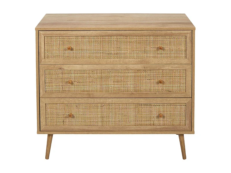 MAYA - Commode 3 Tiroirs Effet Bois et Façades Rotin