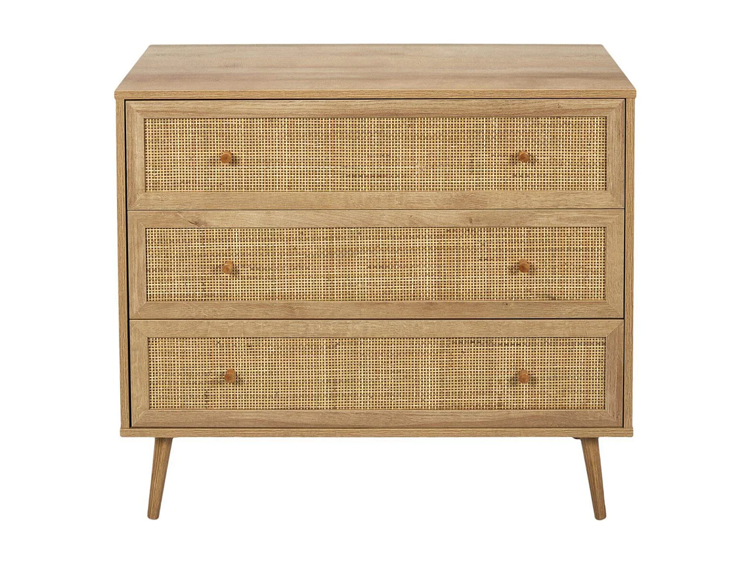 MAYA - Commode 3 Tiroirs Effet Bois et Façades Rotin