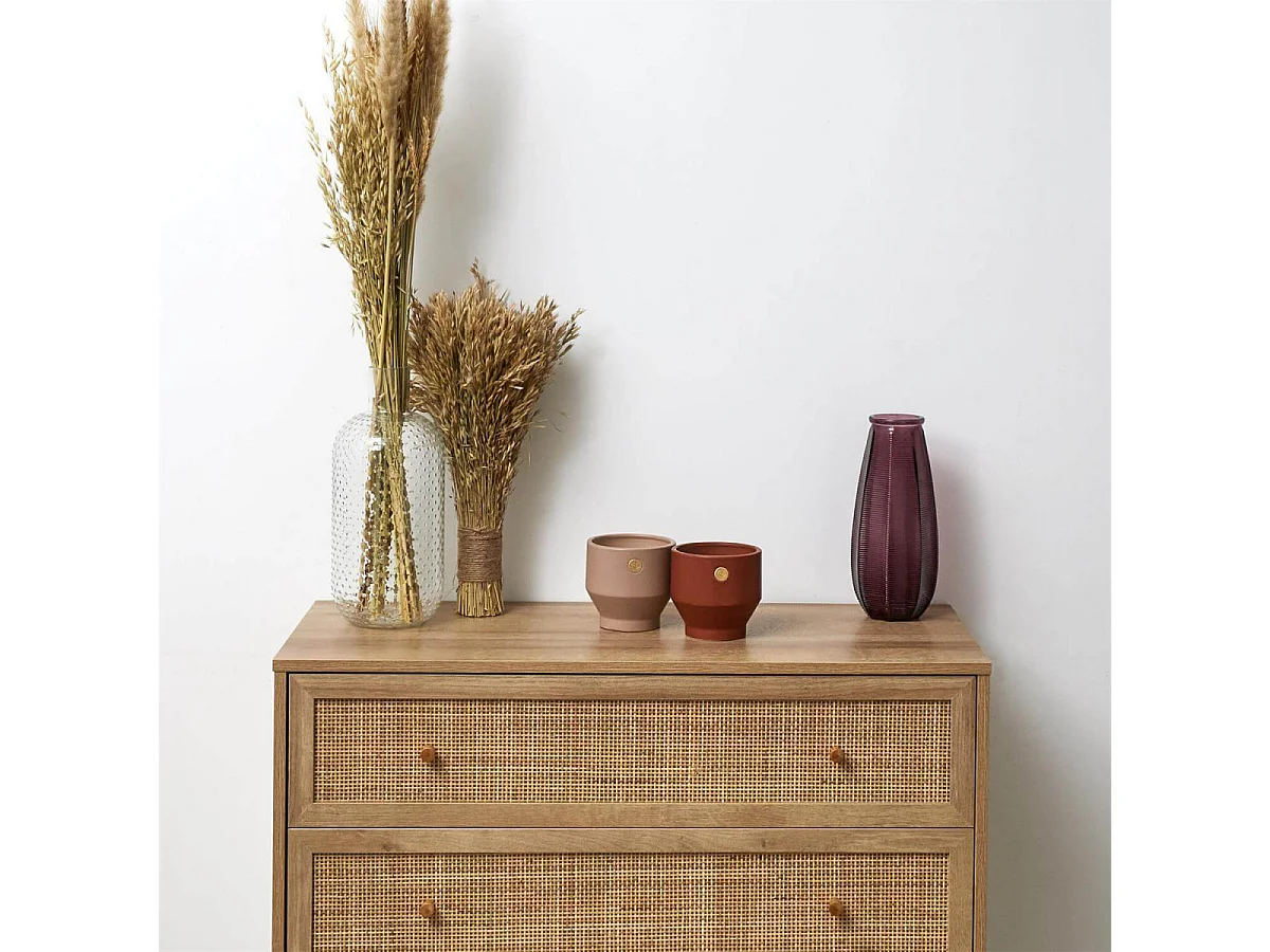 MAYA - Commode 3 Tiroirs Effet Bois et Façades Rotin