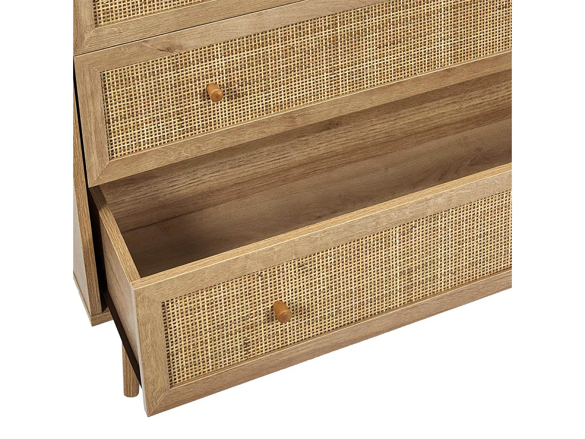 MAYA - Commode 3 Tiroirs Effet Bois et Façades Rotin