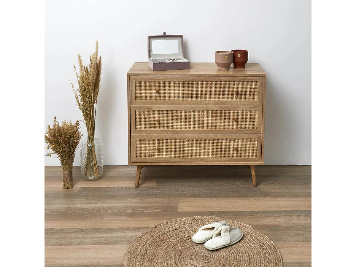 MAYA - Commode 3 Tiroirs Effet Bois et Façades Rotin