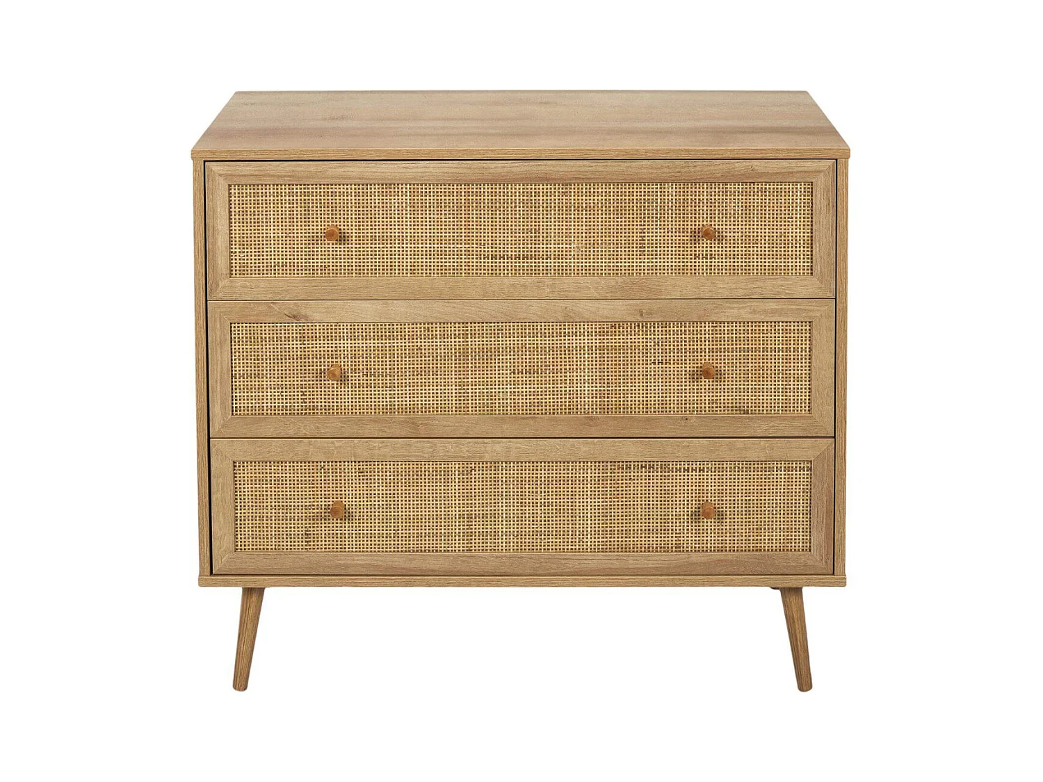 MAYA - Commode 3 Tiroirs Effet Bois et Façades Rotin