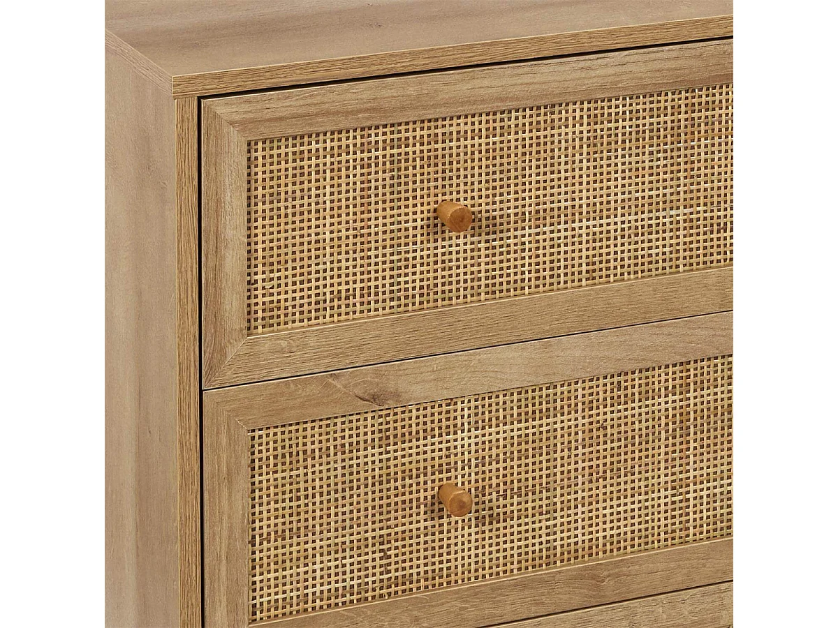 MAYA - Commode 3 Tiroirs Effet Bois et Façades Rotin