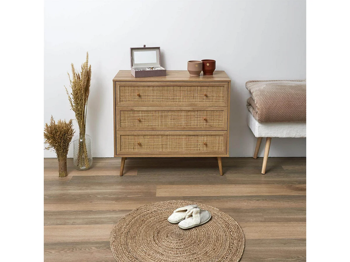 MAYA - Commode 3 Tiroirs Effet Bois et Façades Rotin