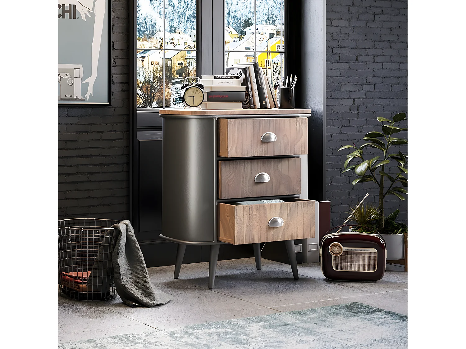 PALISSO - Commode 3 Tiroirs Bois et Acier Patiné