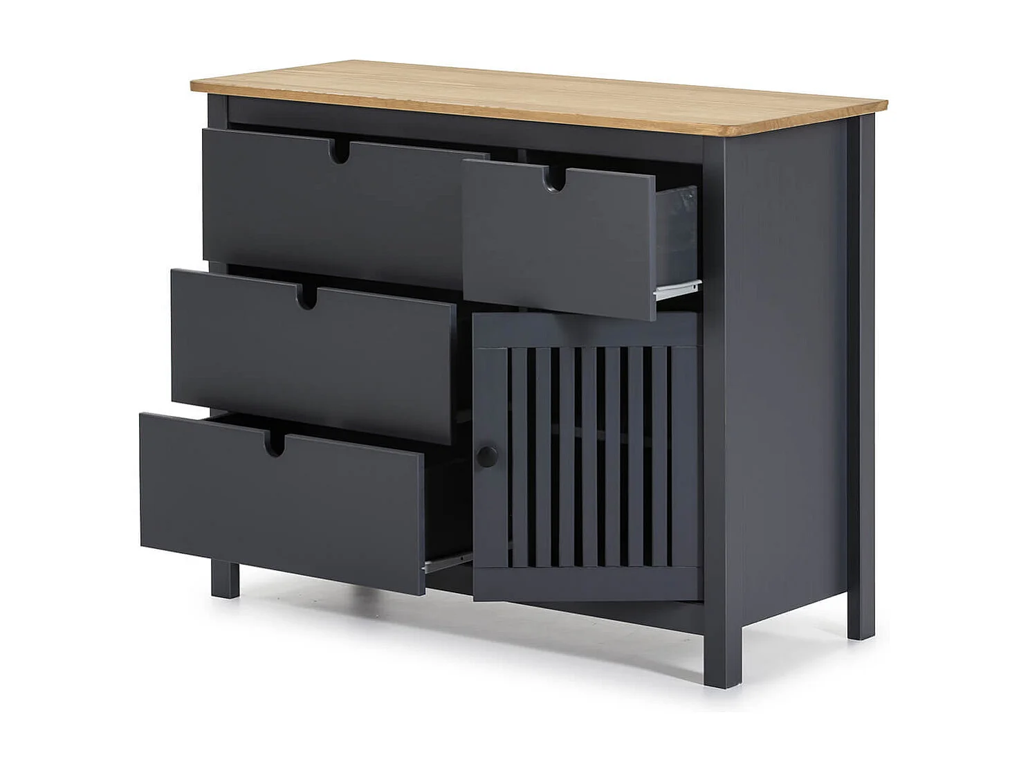 MALIA - Commode 4 Tiroirs 1 Porte Bois Ciré et Gris Foncé